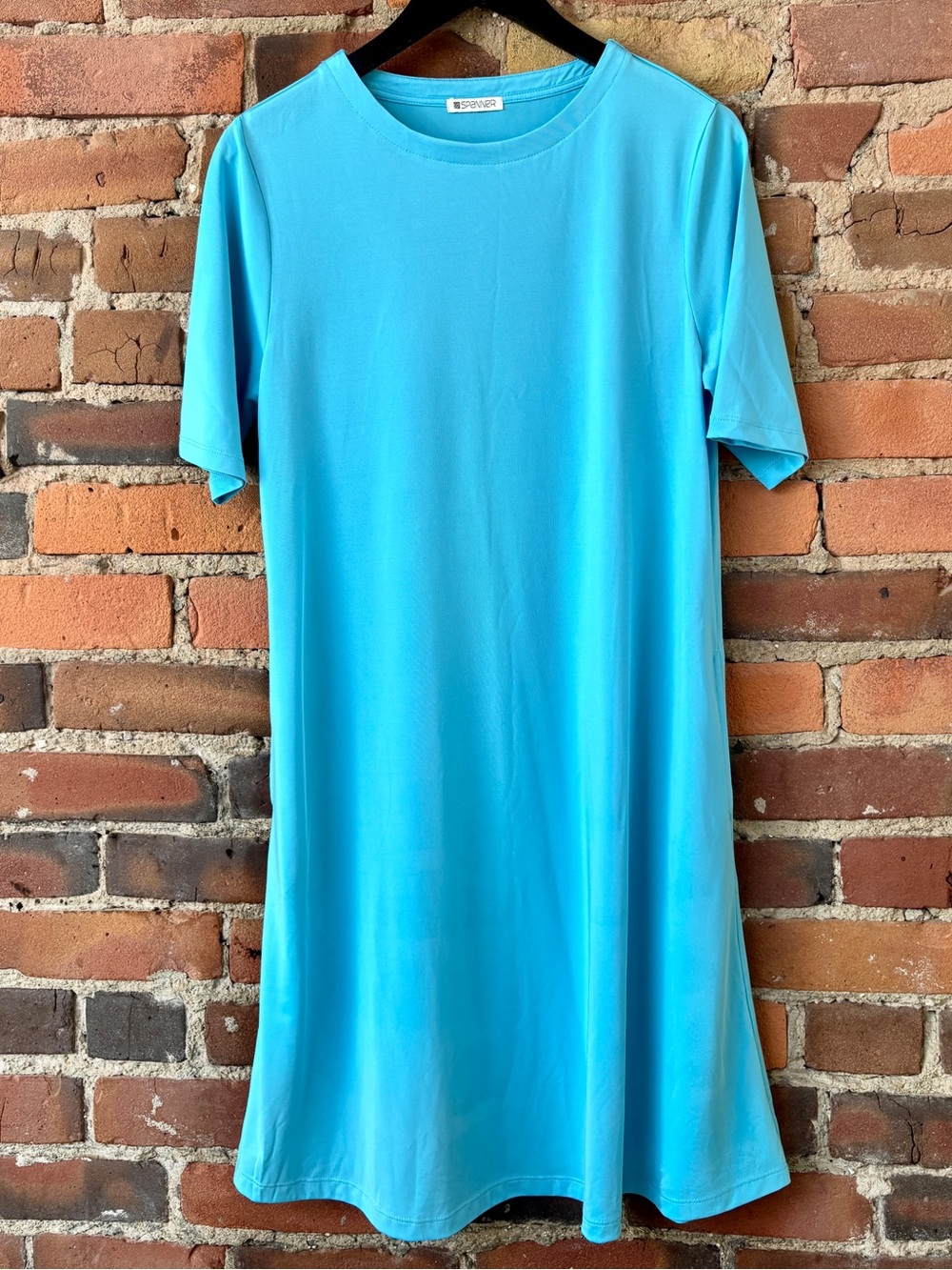Spanner Bright Blue Swing Pullover Dress with Short Sleeves and POCKETS! Size S